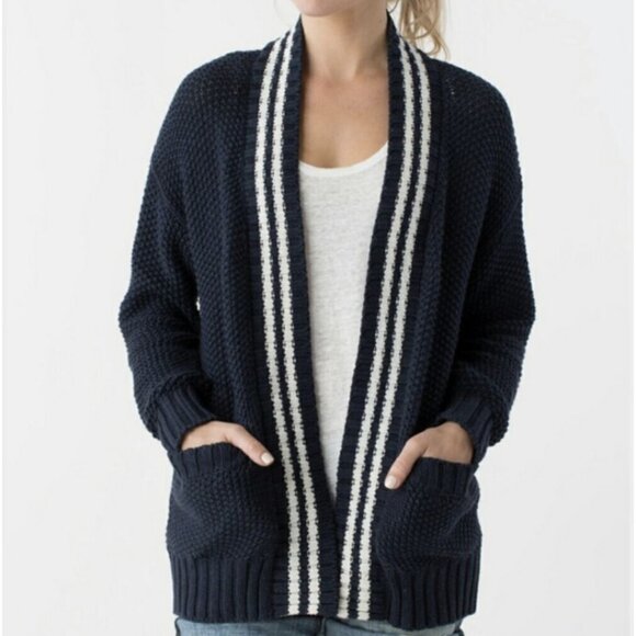 MARGARET O'LEARY 100% Cotton Varsity Stripe Long Open Cardigan L - Picture 1 of 9